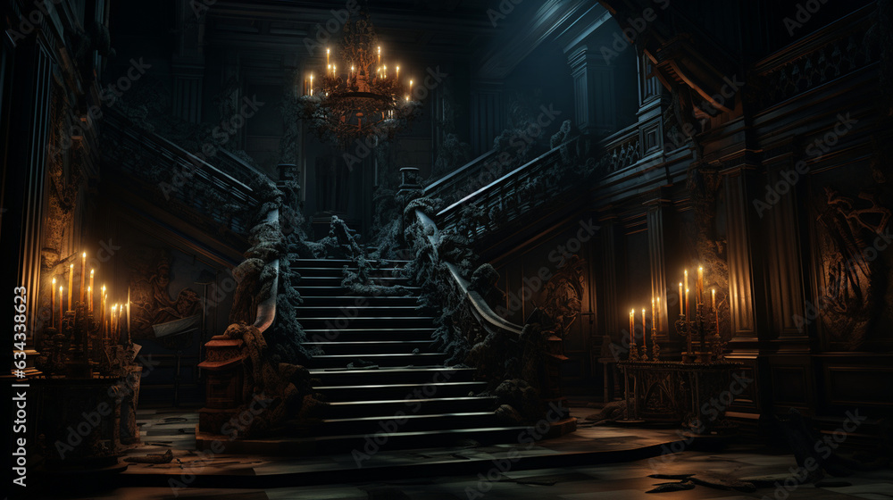 Spooky Mansion Interior: A peek inside a spooky mansion, with dimly lit hallways, creaky stairs, and mysterious shadows, setting the stage for Halloween 