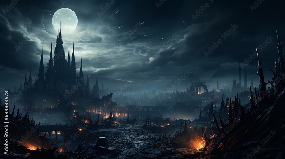 Gothic Cathedral: A Gothic cathedral at night, with dramatic architecture, towering spires, and a moonlit sky, creating a haunting Halloween scene  - obrazy, fototapety, plakaty 