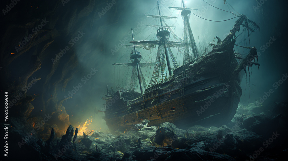 Haunted Shipwreck: A ghostly shipwreck emerging from the mist, with eerie apparitions aboard, creating a maritime Halloween tale  - obrazy, fototapety, plakaty 