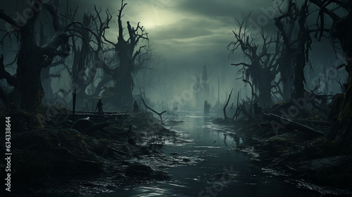 Eerie Swamp: A foggy and eerie swamp with gnarled trees, misty waters, and lurking creatures, evoking a sense of Halloween mystery 