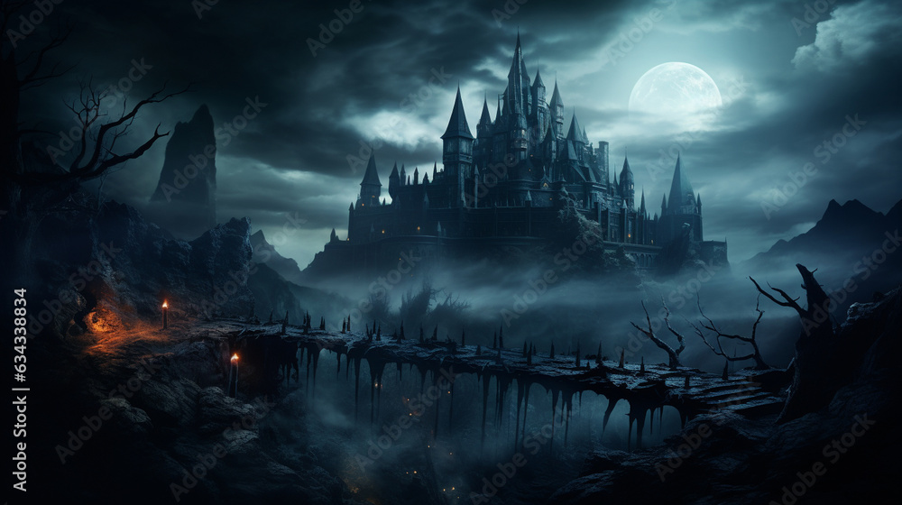 Cursed Castle A cursed castle perched on a hill, with stormy skies and