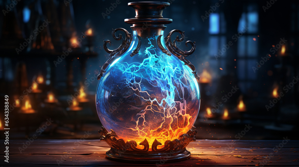 Glowing Potion: A glowing potion bubbling in a glass flask, radiating mysterious energy, a centerpiece for a Halloween gathering Glowing Potion: A glowing potion bubbling in a glass flask, radiating mysterious energy, a centerpiece for a Halloween gathering