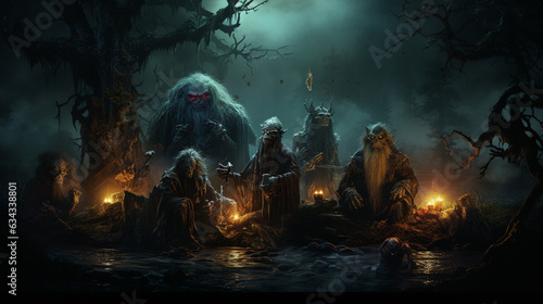 Haunted Forest Creatures: A meeting of supernatural creatures in a haunted forest, from werewolves to ghouls, ready for a Halloween gathering 