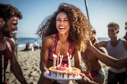 a young good-looking athletic muscular female bodybuilder holding celebrating a birthday party at the beach with friends eating cake with candles
