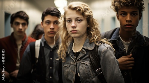 Close-up picture of young students walking in high school hallway.