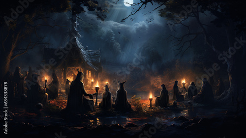 Coven Gathering  A coven of witches gathered in a moonlit clearing  practicing ancient rituals and celebrating Halloween night 