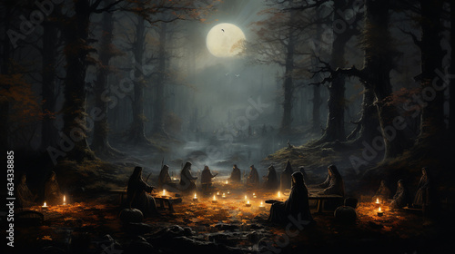 Coven Gathering: A coven of witches gathered in a moonlit clearing, practicing ancient rituals and celebrating Halloween night 