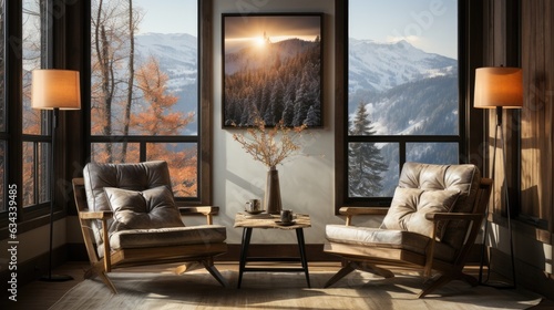 The chalet, elegantly built on the snow-covered mountain slope, is surrounded by upright snow-covered trees. © OKAN