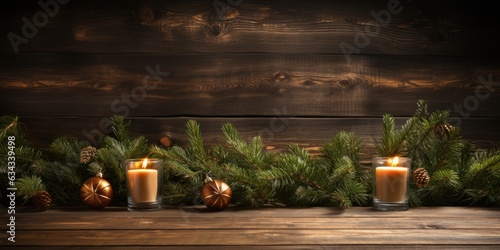 Fir Christmas tree on wooden background wide angle lens