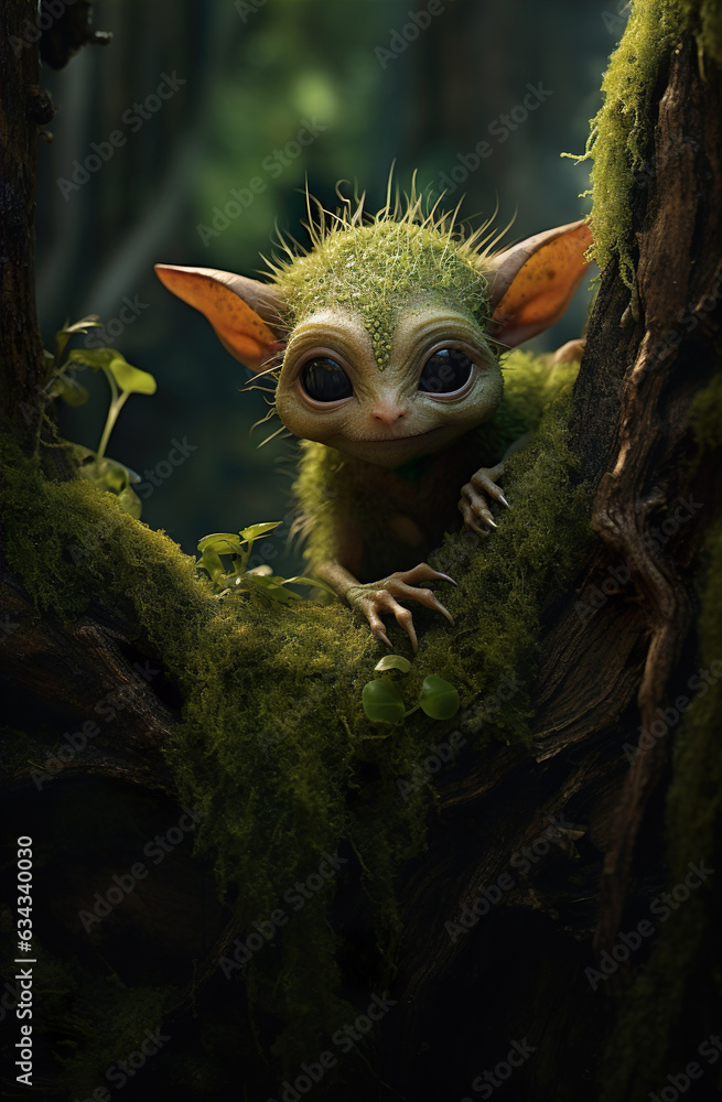 Goblin scary creature is hiding in spooky forest realistic photo character generative AI illustration. Creatures myth legend in the woods concept Goblin scary creature is hiding in spooky forest realistic photo character generative AI illustration. Creatures myth legend in the woods concept