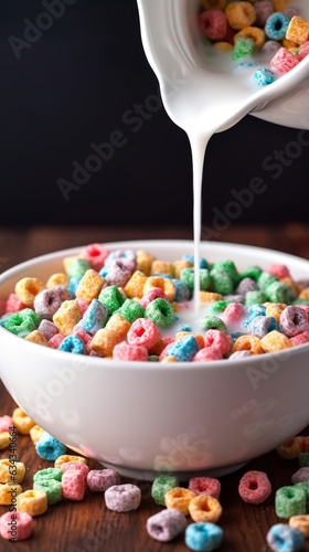 Colorful Morning Delight Milk-Poured Cereal Bowl Brimming with Vibrant Flavors and Wholesome Goodness