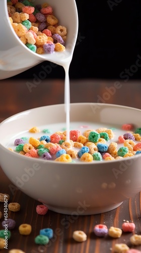 Colorful Morning Delight Milk-Poured Cereal Bowl Brimming with Vibrant Flavors and Wholesome Goodness