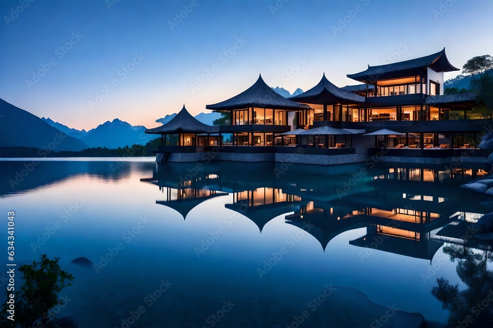 Obraz premium tropical resort, A picturesque resort floats like a jewel at the heart of a serene lake, embraced by the tranquil waters that reflect its elegance