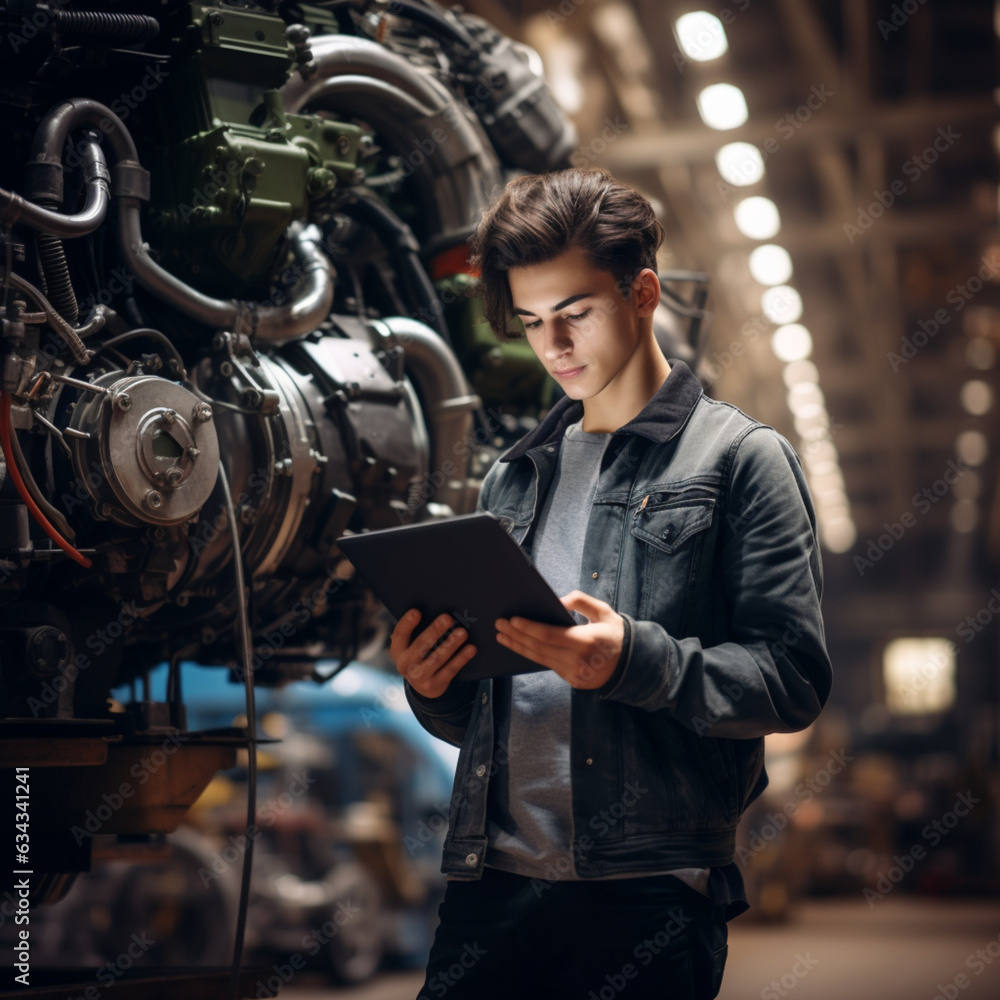 Mechanic man using the tablet in a workshop. Generative AI. Mechanic man using the tablet in a workshop. Generative AI.