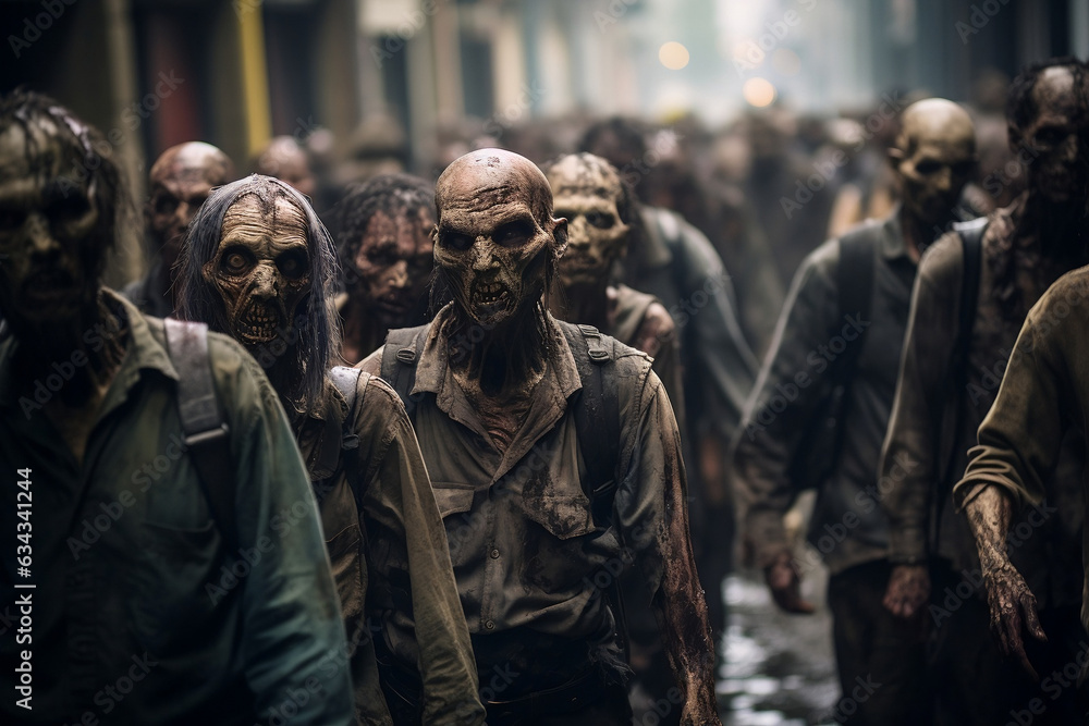 Apocalyptic Undead Horde Marching through desolated city