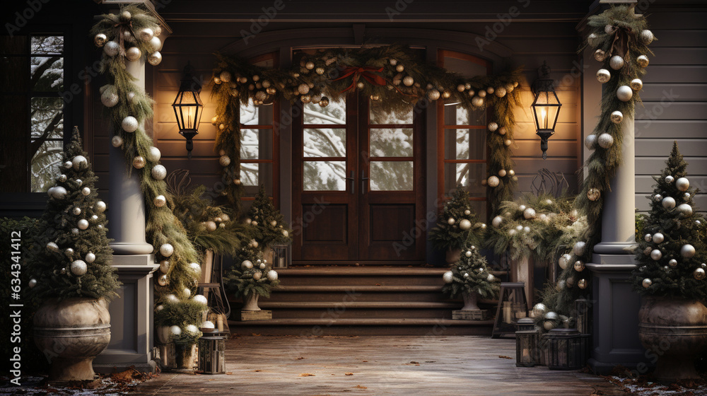 Festive Front Porch: A beautifully decorated front porch with wreaths, garlands, and a warmly lit entrance, inviting you in for Christmas celebrations 