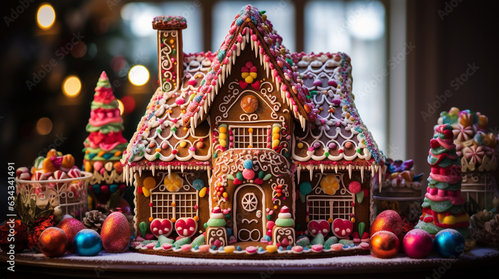 Gingerbread House: An intricate and whimsical gingerbread house adorned with candy, icing, and colorful decorations, a true holiday masterpiece 