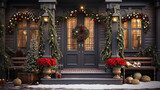 Festive Front Porch: A beautifully decorated front porch with wreaths, garlands, and a warmly lit entrance, inviting you in for Christmas celebrations 