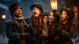 Christmas Carolers: A group of carolers singing by a lamppost on a snowy evening, capturing the spirit of holiday music and community 
