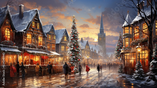 Christmas Market: A bustling Christmas market with stalls, gingerbread houses, and people enjoying holiday treats and shopping for gifts 