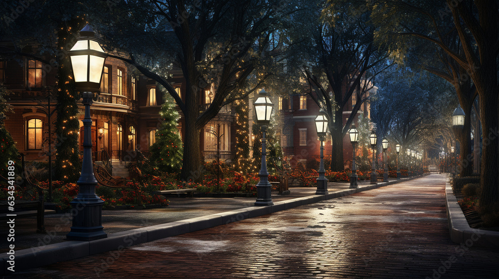 Festive Street Lights: A row of charming street lights adorned with wreaths and bows, illuminating the holiday spirit