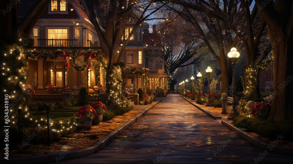 Festive Street Lights: A row of charming street lights adorned with wreaths and bows, illuminating the holiday spirit 