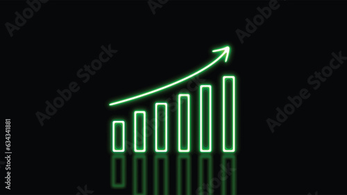 Green neon rising arrow over business graph on black, rising charts, arrow upward. Futuristic raise arrow chart digital transformation abstract technology background. Vector illustration