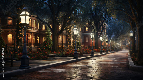 Festive Street Lights: A row of charming street lights adorned with wreaths and bows, illuminating the holiday spirit