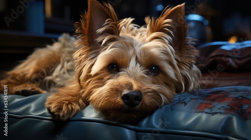 Pet dog lying gracefully on sofa at home, eyes shining with satisfaction. © OKAN