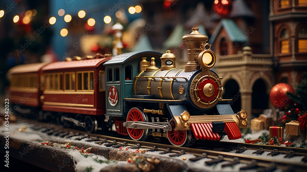 Toys and Trains: A captivating shot of old-fashioned toys and a miniature train set, evoking the nostalgia of Christmases past  - obrazy, fototapety, plakaty 