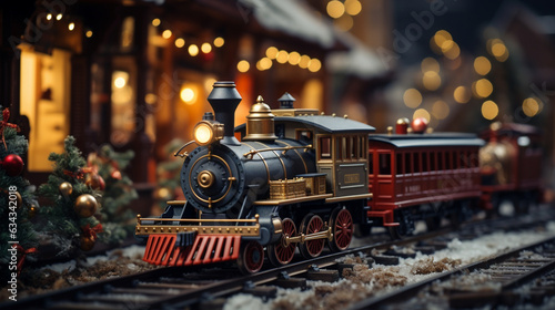 Toys and Trains: A captivating shot of old-fashioned toys and a miniature train set, evoking the nostalgia of Christmases past 