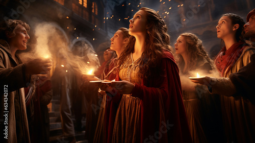 Print op canvas Christmas Choir: A choir singing hymns in front of a candlelit backdrop, radiati