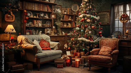 Retro Christmas  A nostalgic scene of a retro living room  adorned with vintage Christmas decorations and a classic tree 