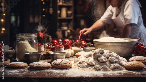 Christmas Baking: A joyful scene of baking Christmas treats, with flour-dusted hands, delicious cookies, and the aroma of holiday spices 