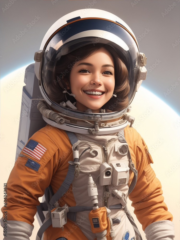Beautiful astronaut smilling, with full space suit and helmet Beautiful astronaut smilling, with full space suit and helmet