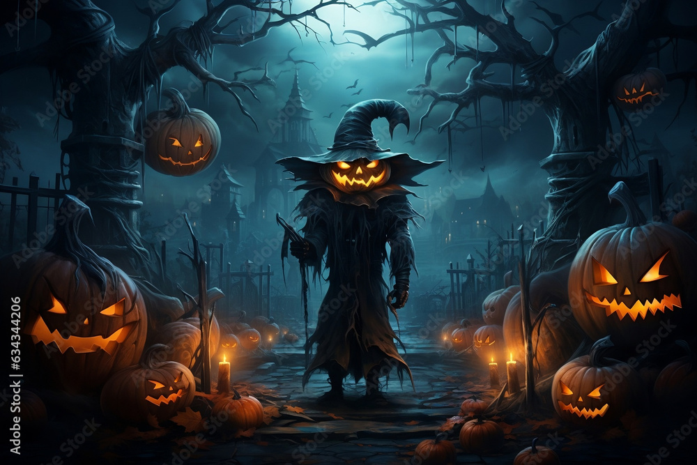 Eerie cemetery gateway adorned with jack-o-lanterns and candles beside a weathered tombstone on a mist-laden night, haunting 3D fantasy art, Eerie cemetery gateway adorned with jack-o-lanterns and candles beside a weathered tombstone on a mist-laden night, haunting 3D fantasy art,