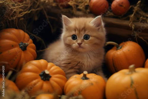 A fluffy orange kitten sitting with pumpkins in farm, cute ginger cat in autumn season and harvest festival halloween and thanksgiving concept.