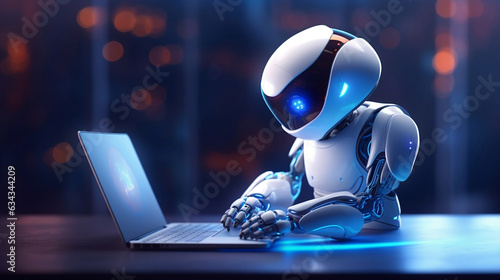 Articifial intelligence robot using computer with blurred city skyline on the background, chatbot and conversational AI futuristic technology 3d illustration. photo