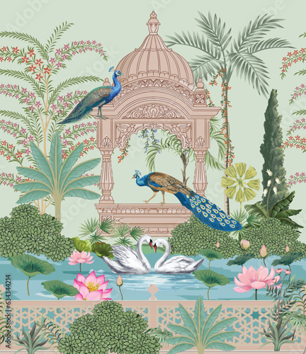 Fotografia Mughal garden, peacock, swan, arch, temple, bird and lake with lotus vector illu