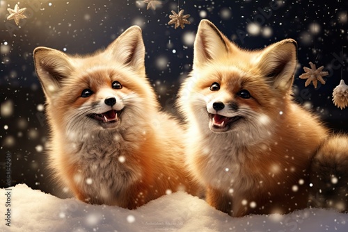 Playful red fox cubs frolic in snowy wilderness - adorable winter wildlife scene. Concept of playful winter fox cubs in snowy landscape. © Postproduction