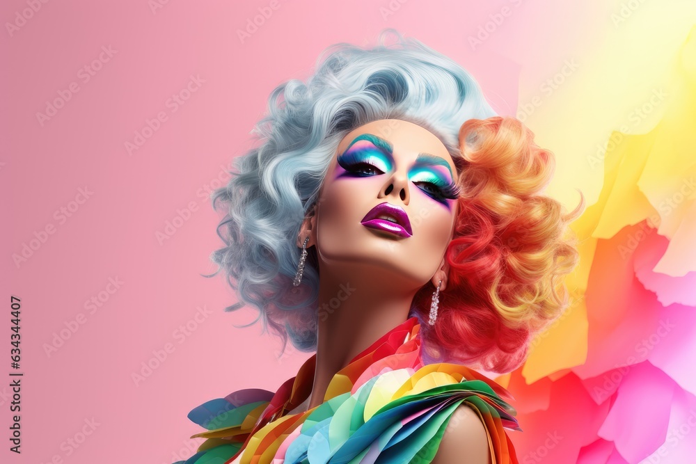 Fictional Drag Queen: Man dressed up as a woman on vibrantly coloured background, performance art Fictional Drag Queen: Man dressed up as a woman on vibrantly coloured background, performance art
