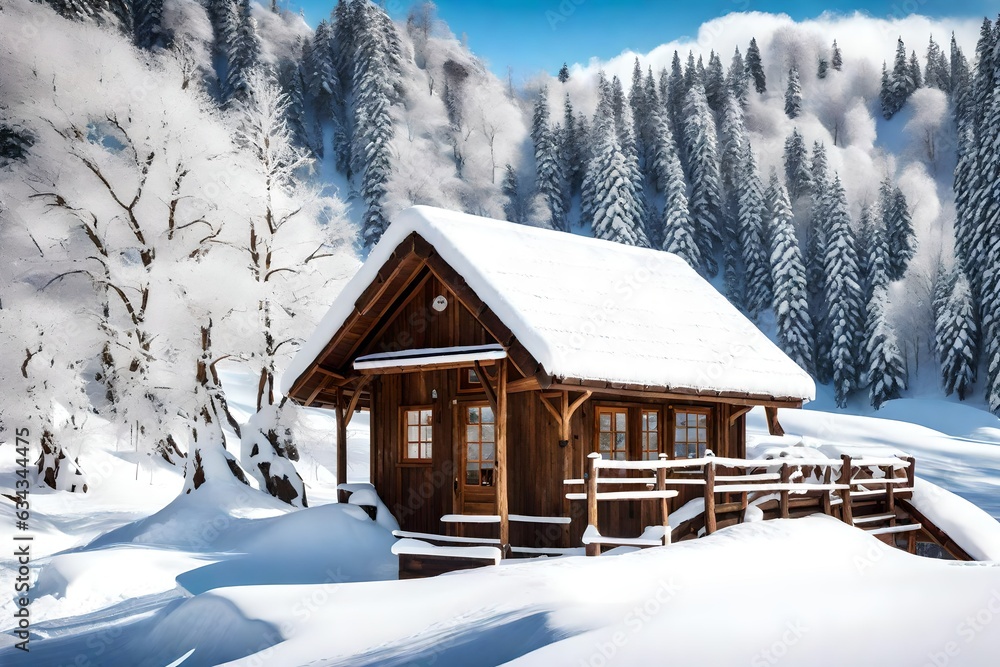 house in the mountains, A solitary journey along a snow-covered rural road, nestled between rolling hills. 