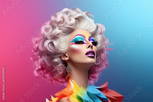 Fictional Drag Queen: Man dressed up as a woman on vibrantly coloured background, performance art