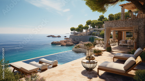 Traditional mediterranean Finca house with pool on hill with stunning sea view Summer vacation holiday background 