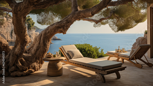 Traditional mediterranean Finca house with pool on hill with stunning sea view Summer vacation holiday background 