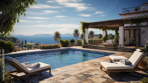 Traditional mediterranean Finca house with pool on hill with stunning sea view Summer vacation holiday background 