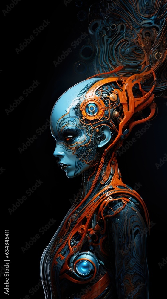 Naklejka premium futuristic female cyborg, in style blue and orange, sci fi concept fiction, generative ai