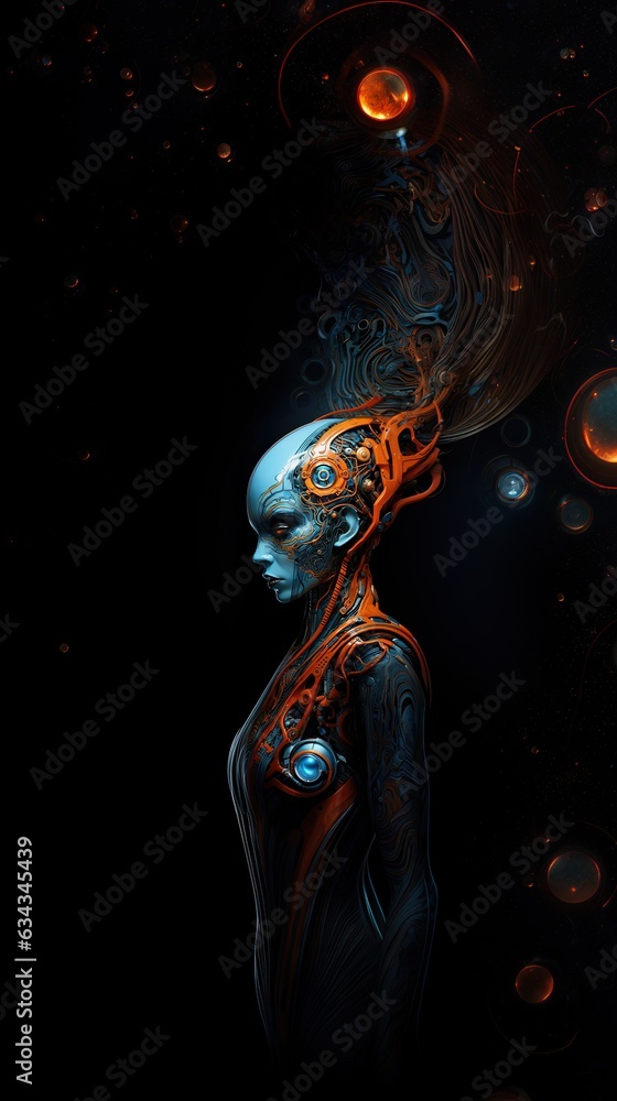 futuristic female cyborg, in style blue and orange, sci fi concept fiction, generative ai