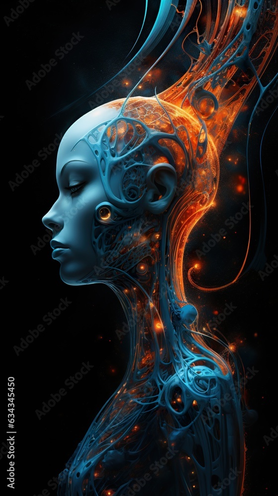 fantasy female concept, technology revolution and cyborg, in style of blue and orange, sci fi fiction, generative ai fantasy female concept, technology revolution and cyborg, in style of blue and orange, sci fi fiction, generative ai