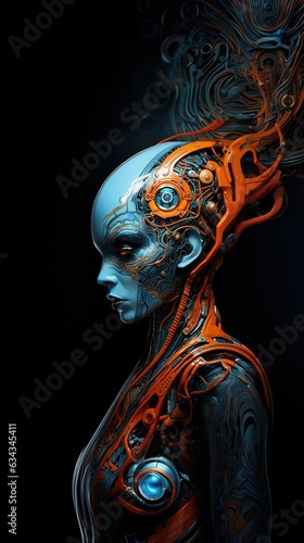futuristic female cyborg, in style blue and orange, sci fi concept fiction, generative ai